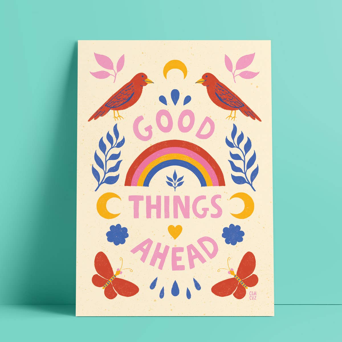 Affiche multicolore avec des animaux, des fleurs, un arc en ciel, et un message positif