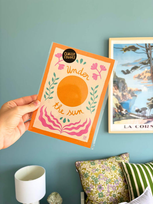 Affiche murale colorée avec des fleurs, un soleil, et un message positif.