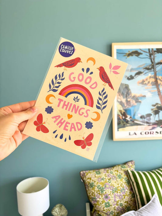 Affiche murale colorée avec des animaux, des fleurs, un arc en ciel, et un message positif.