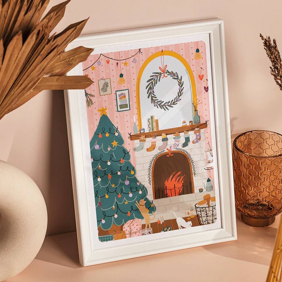 Affiche de Noël d'un feu de cheminée avec un sapin de Noël, Maison Joliette.