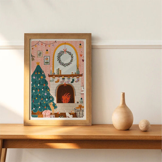 Affiche de Noël d'un feu de cheminée avec un sapin de Noël, Maison Joliette.