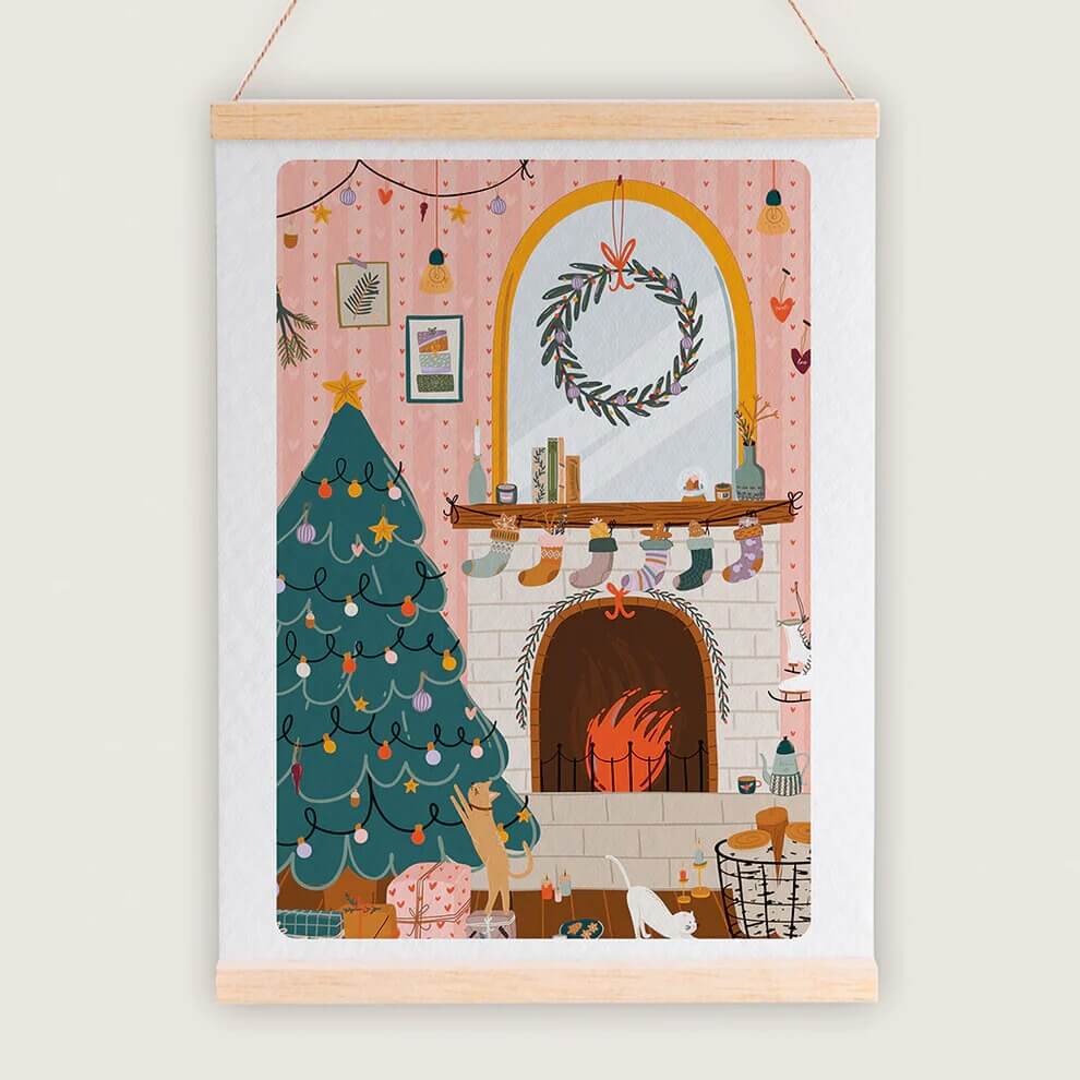 Affiche de Noël d'un feu de cheminée avec un sapin de Noël, Maison Joliette.