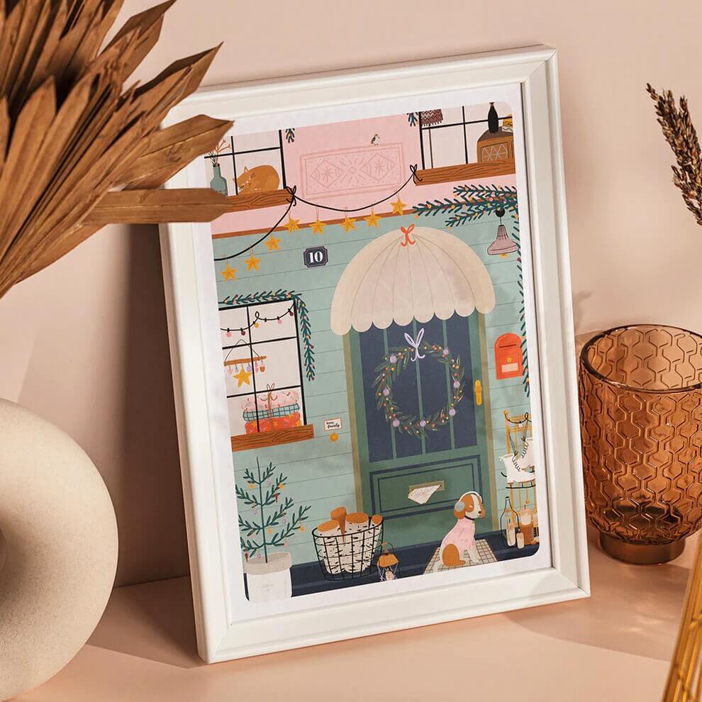 Affiche de Noël d'une maison de campagne décorée, Maison Joliette.