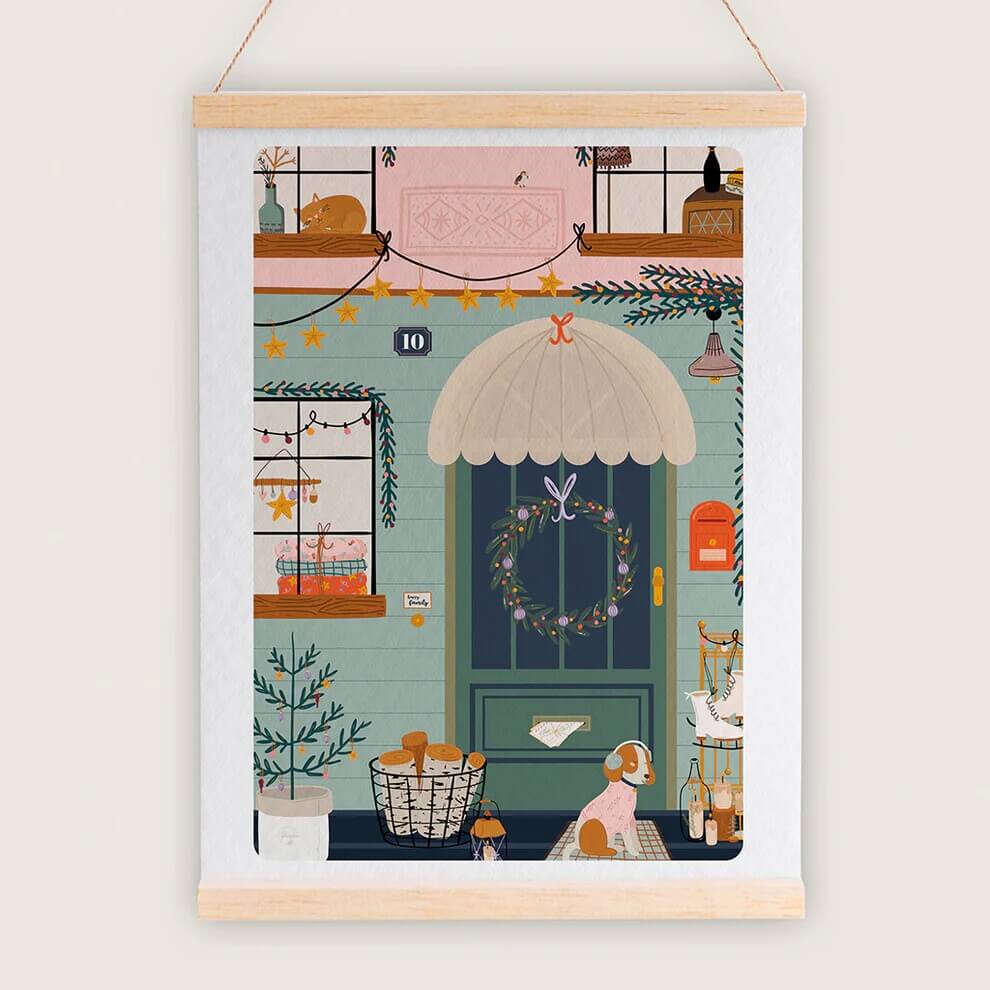 Affiche de Noël d'une maison de campagne décorée, Maison Joliette.