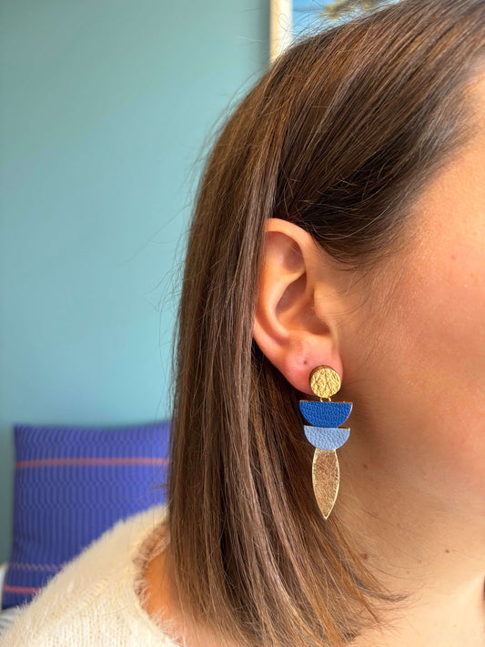Boucles d'oreilles cuir upcyclé bleu et doré