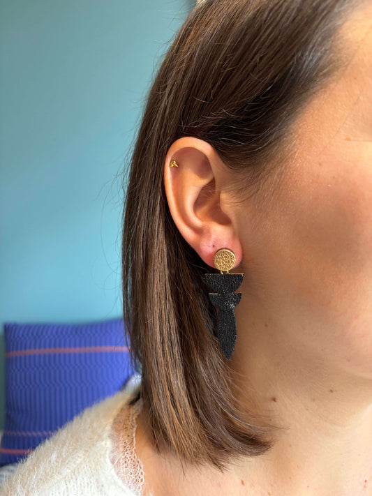 Boucles d'oreilles cuir upcyclé noir et doré