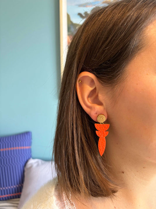 Boucles d'oreilles cuir upcyclé orange et doré