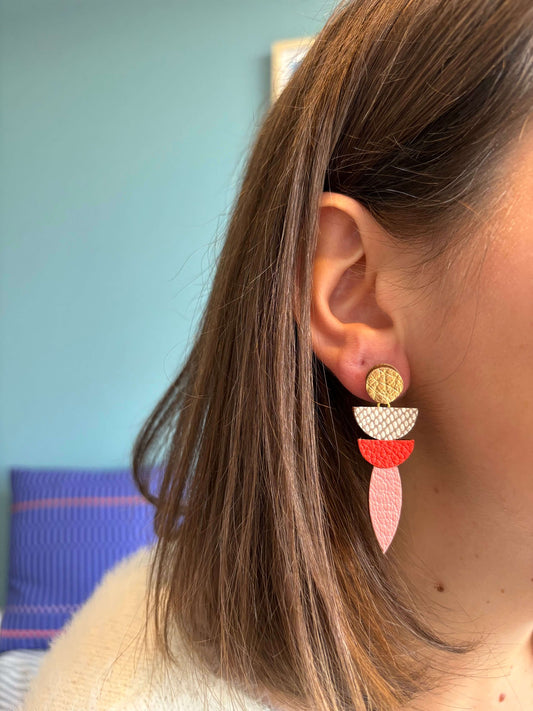 Boucles d'oreilles cuir upcyclé rose, orange et doré
