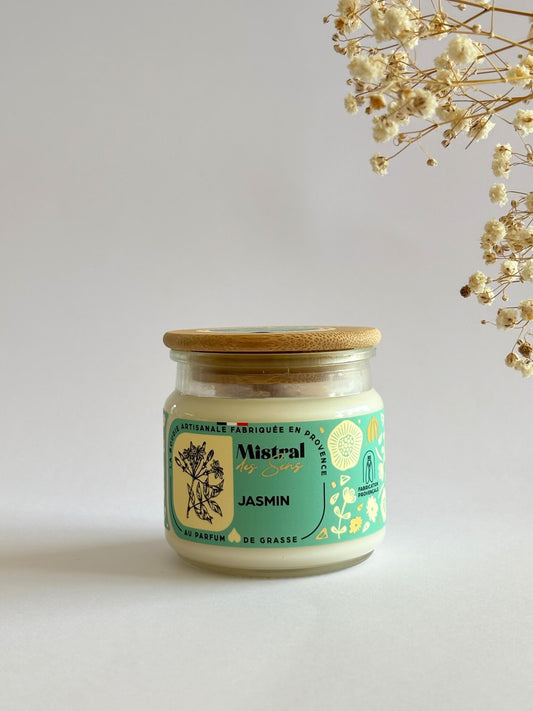 Bougie parfumée au jasmin, senteur florale, fabriquée en Provence.