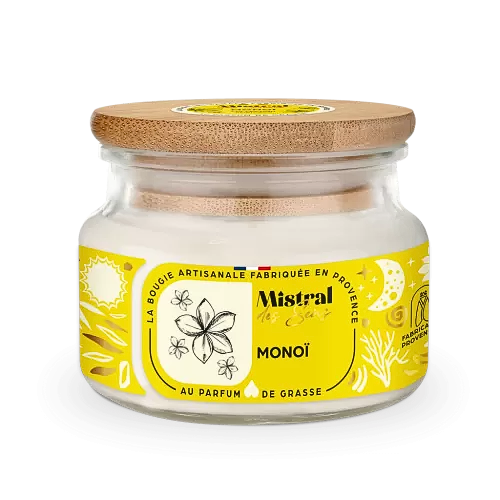 Bougie parfumée au monoï, senteur florale, fabriquée en Provence.