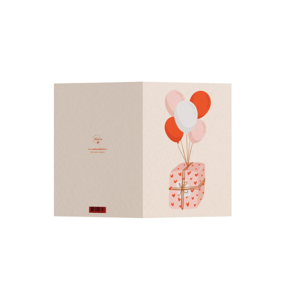 Carte d'anniversaire avec un cadeau et des ballons, Maison Joliette.