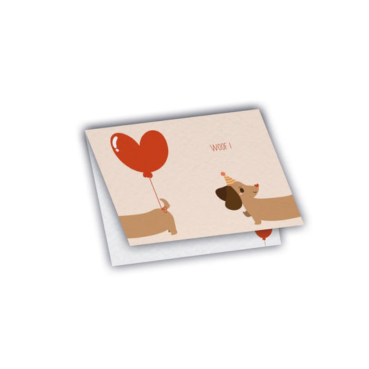 Carte d'anniversaire avec un chien et un ballon rouge, Maison Joliette.