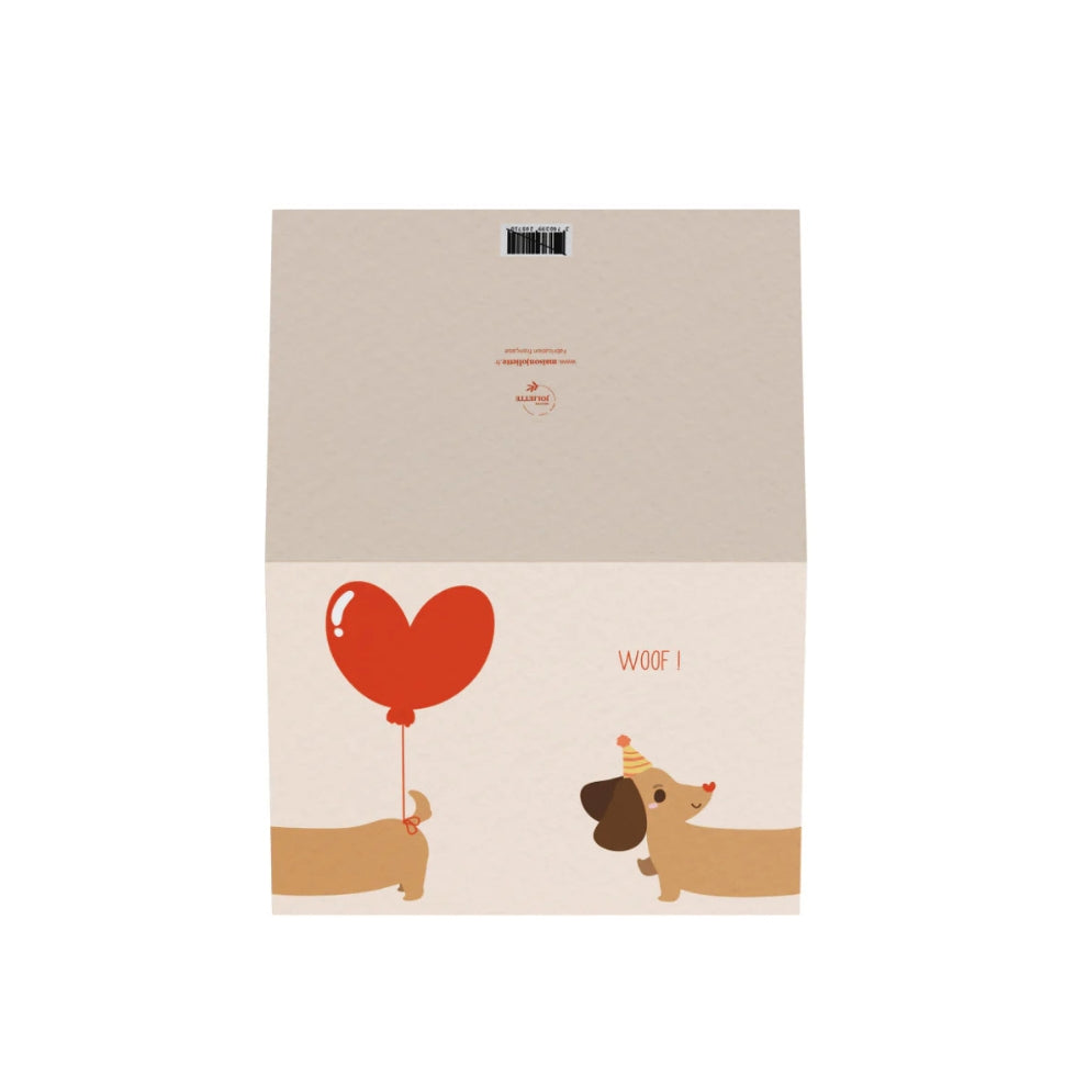 Carte d'anniversaire avec un chien et un ballon rouge, Maison Joliette.