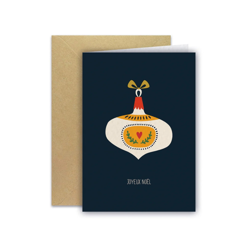 Carte de Noël avec une boule décorée, Maison Joliette.