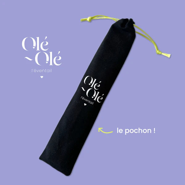 Éventail en bois fabriqué en Espagne, pochon de protection.