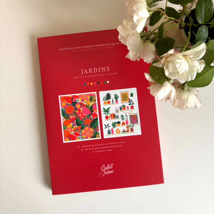 Kit peinture aux numéros avec deux illustrations, deux pinceaux et des pots de peinture, salut irène.