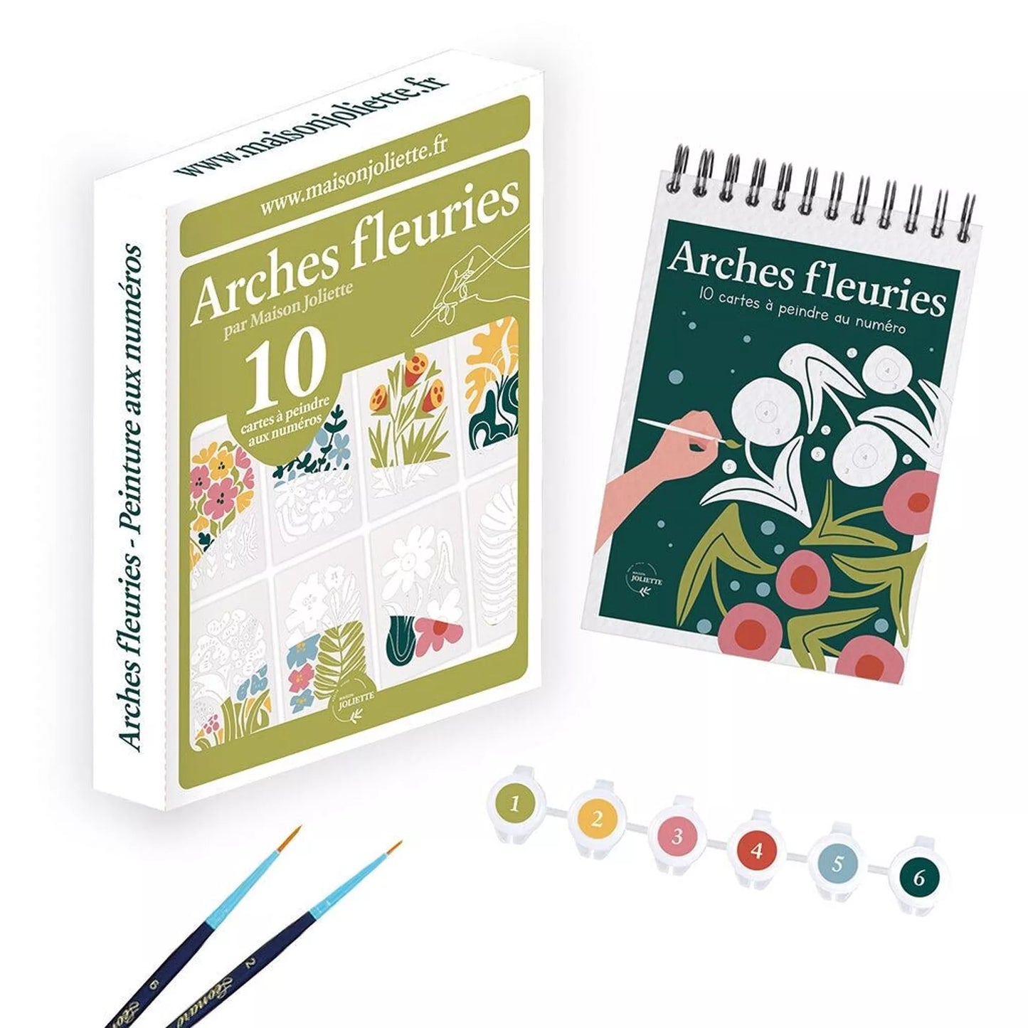 Kit de peinture aux numéros pour adultes, avec 10 illustrations, 2 pinceaux et 6 godets de peinture.