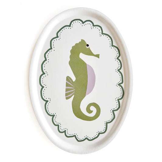 Plateau ovale en bois avec un hippocampe illustré.
