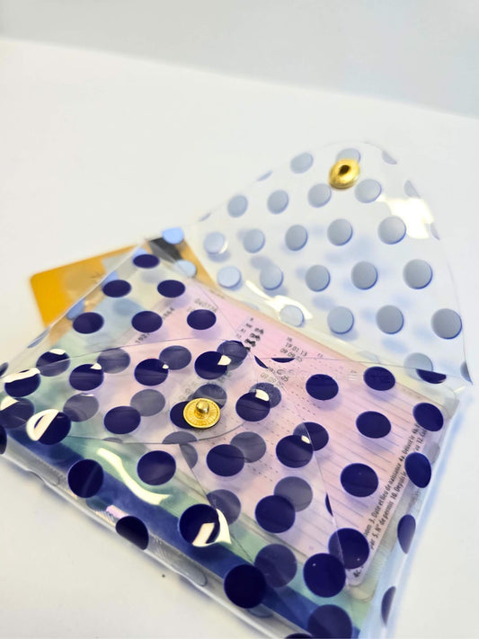 Porte monnaie transparent en vinyle avec des pois bleu marine.