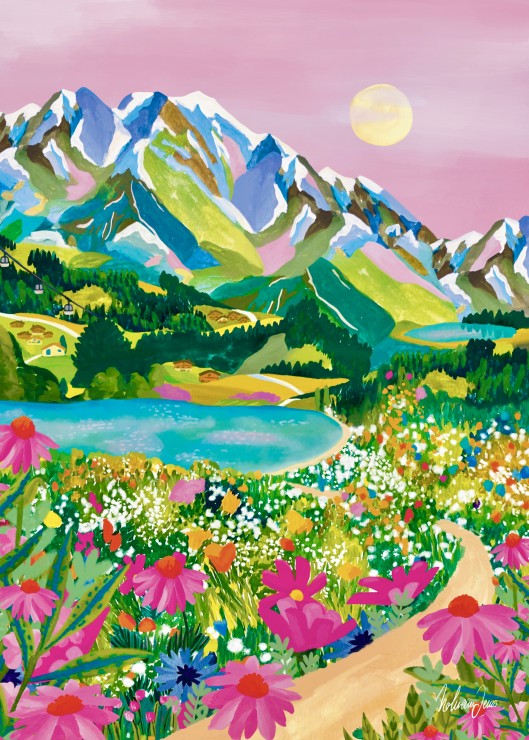 Illustration colorée, de Nolwenn Studio, des Alpes avec des montagnes, un lac et des fleurs.