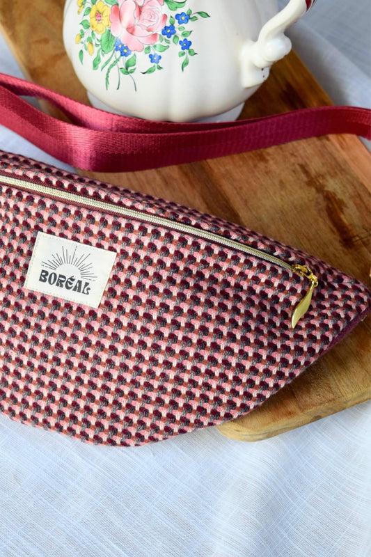 sac banane bordeaux en tweed upcyclé fabriqué en France, fermeture dorée