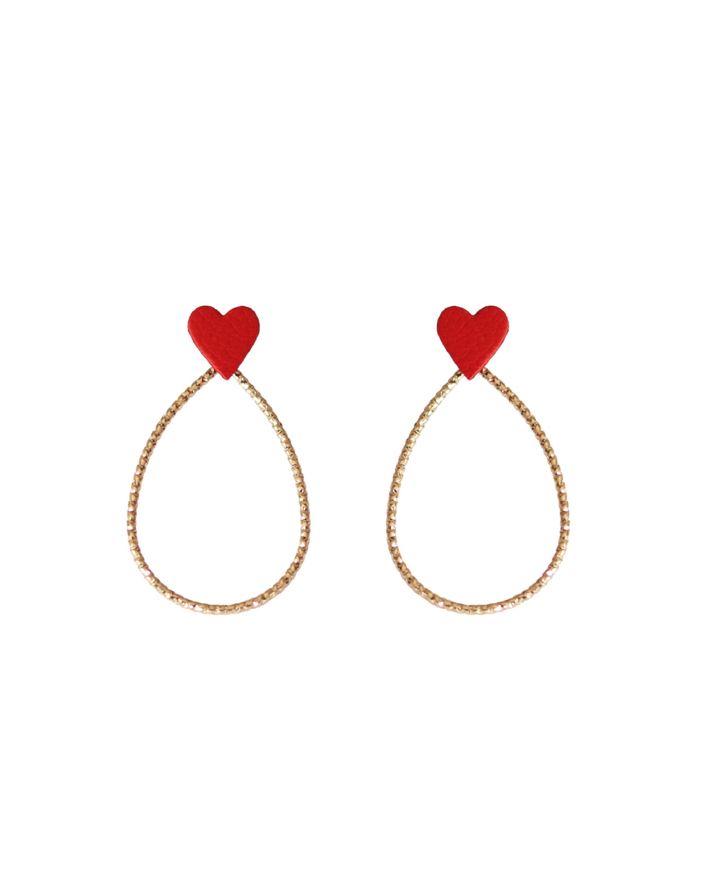Boucles d'oreilles cœurs 2 en 1, gouttes dorées amovibles, couleur rouge en cuir upcyclé, fabrication écoresponsable et française