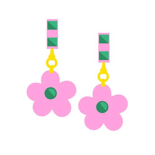 boucles d'oreilles illustrées vertes et roses, aux couleurs de My Pepitas
