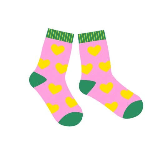 chaussettes illustrées en rose et vert, aux couleurs de My Pepitas