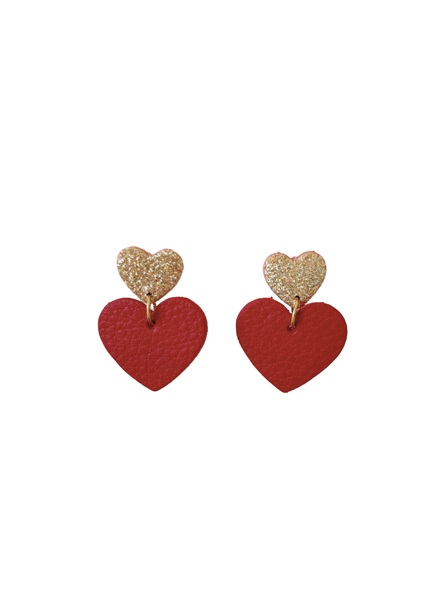 Boucles d'oreilles chics rouges et paillettes, avec des coeurs en cuir upcyclé et revalorisé, fabrication artisanale et française