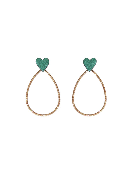 Boucles d'oreilles avec cœurs verts en cuir irisé upcyclé amovibles