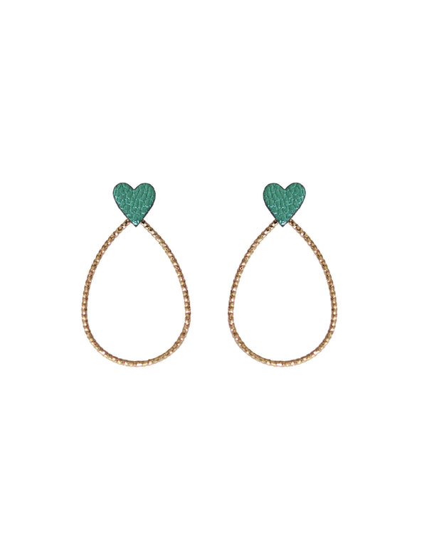 Boucles d'oreilles avec cœurs verts en cuir irisé upcyclé amovibles