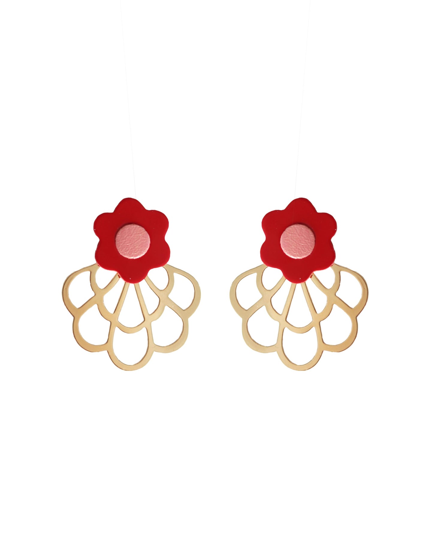 Boucles d'oreilles en cuir upcyclé, avec des fleurs rouges et roses, Jeanne et Jo.