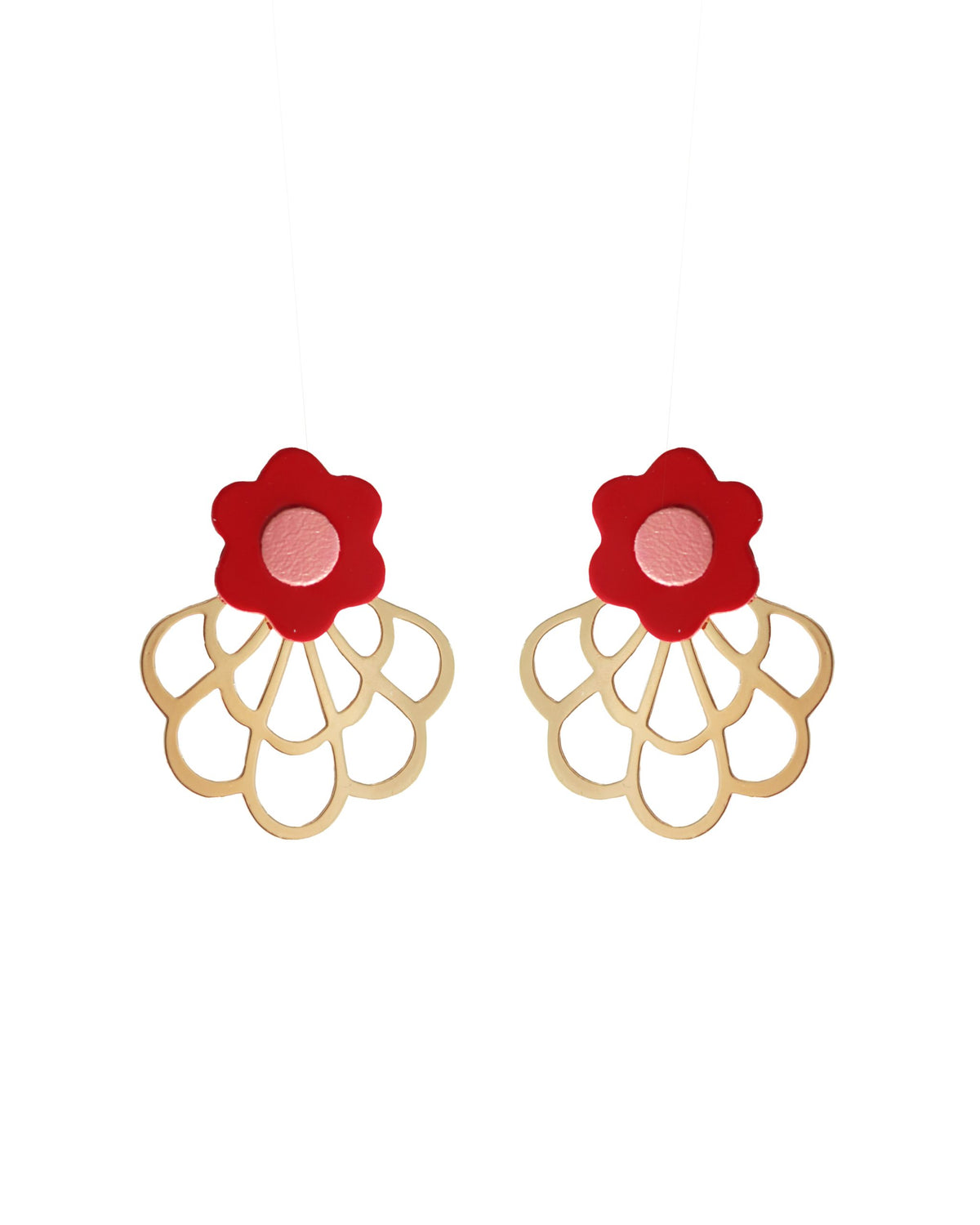 Boucles d'oreilles en cuir upcyclé, avec des fleurs rouges et roses, Jeanne et Jo.
