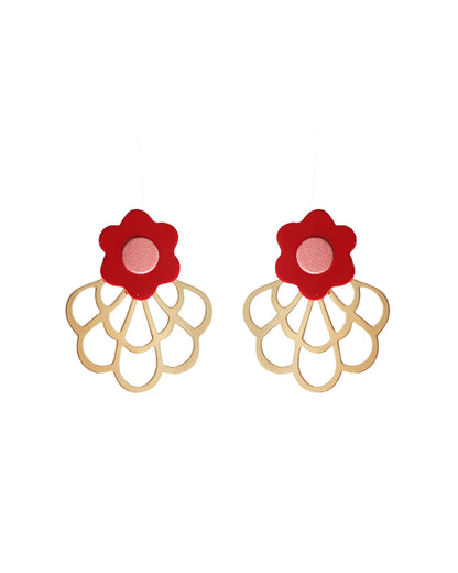 Boucles d'oreilles en cuir upcyclé, avec des fleurs rouges et roses, Jeanne et Jo.