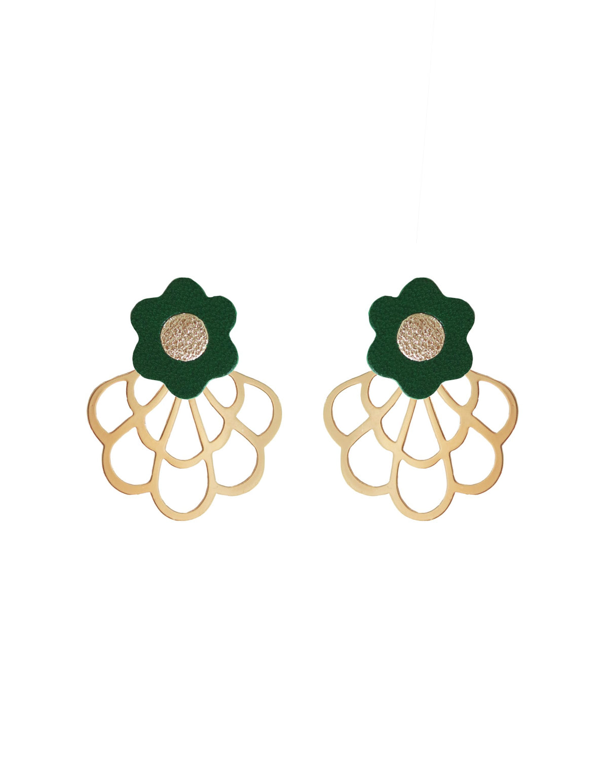 Boucles d'oreilles en cuir upcyclé avec des fleurs vertes et dorées, Jeanne et Jo.