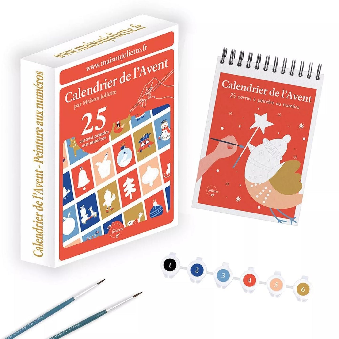 Calendrier de l'Avent à peindre, kit de peinture aux numéros avec illustrations de Noël, peinture et pinceaux.