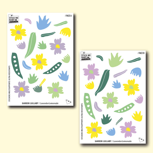 autocollants/stickers colorés décoratifs, fleurs vertes, violettes et jaunes