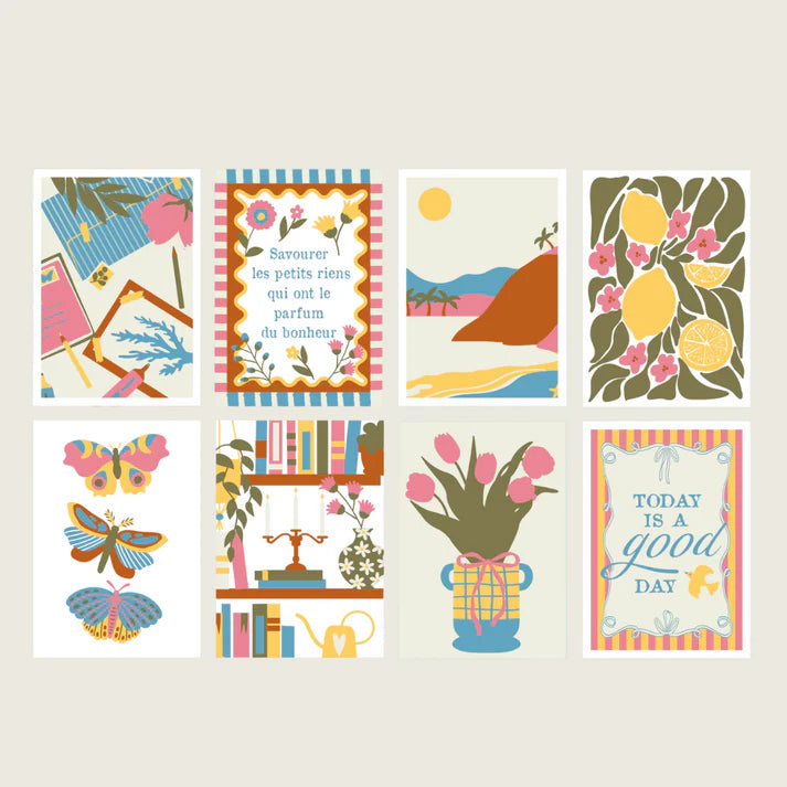 Kit peinture aux numéros avec huit illustrations, deux pinceaux et des pots de peinture, salut irène.