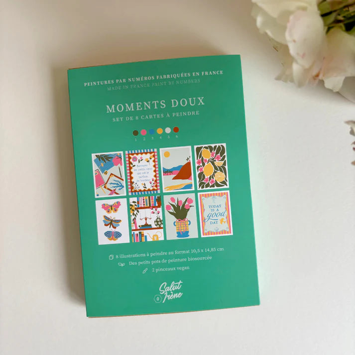 Kit peinture aux numéros avec huit illustrations, deux pinceaux et des pots de peinture, salut irène.