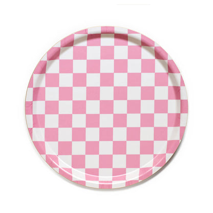 Plateau rond en bois certifié FSC, imprimé damier rose et blanc, fabriqué en Suède, durable, éco-responsable