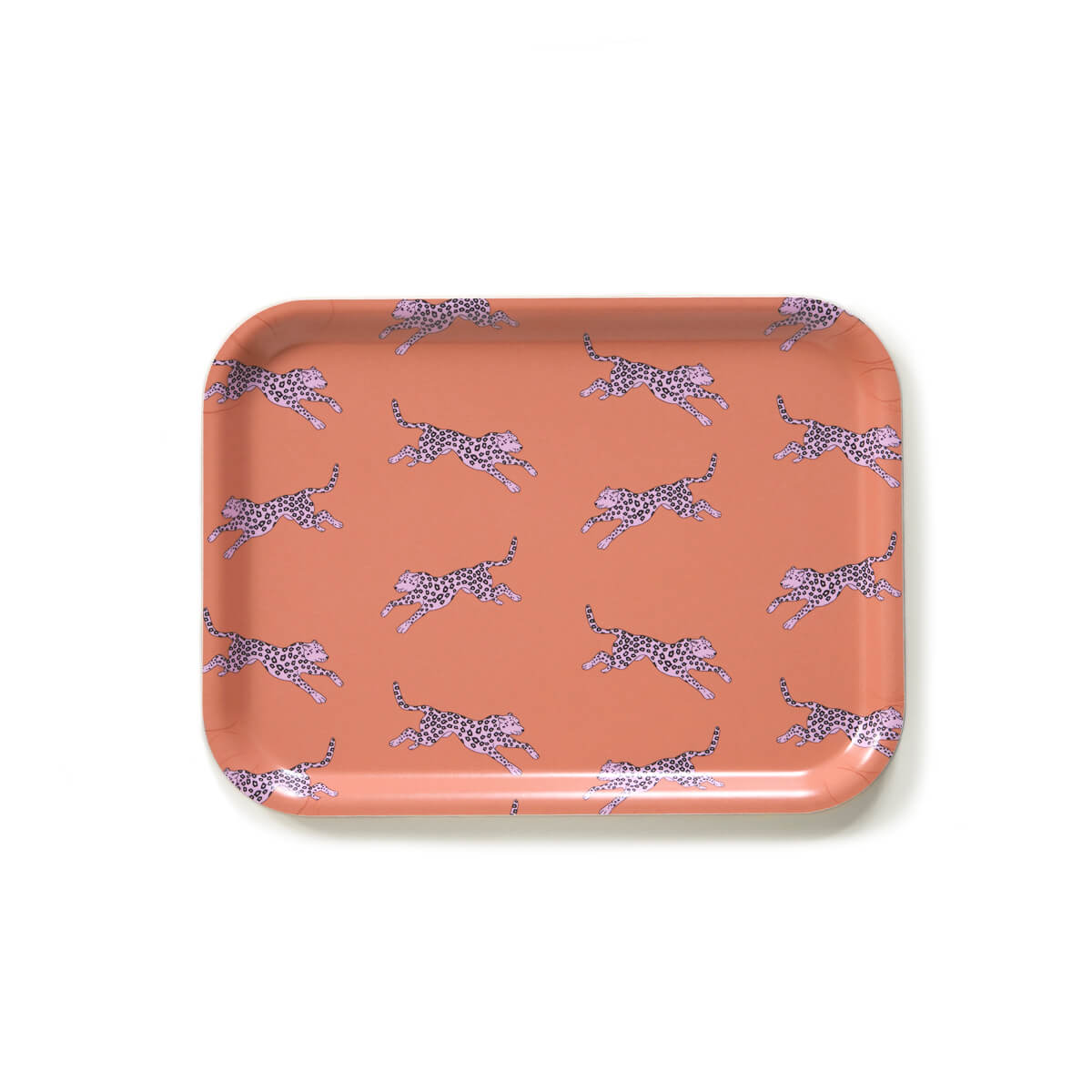 Plateau en bois rectangulaire orange  avec un motif léopards.