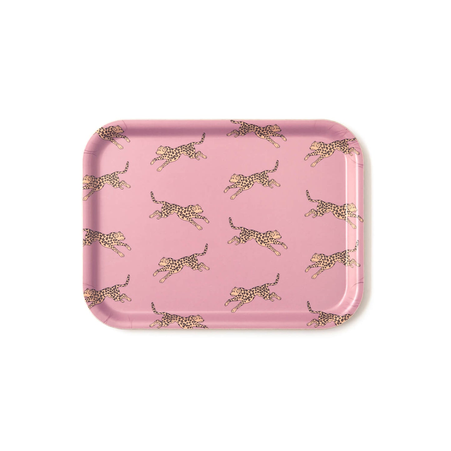 Plateau en bois rectangulaire rose avec un motif léopards.