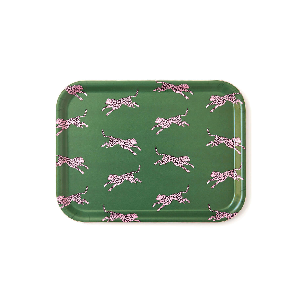 Plateau en bois rectangulaire vert avec un motif léopards.