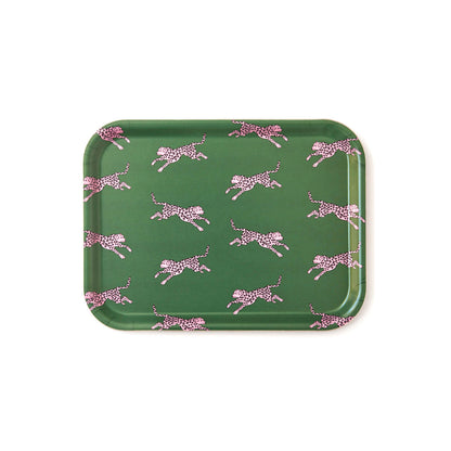 Plateau en bois rectangulaire vert avec un motif léopards.