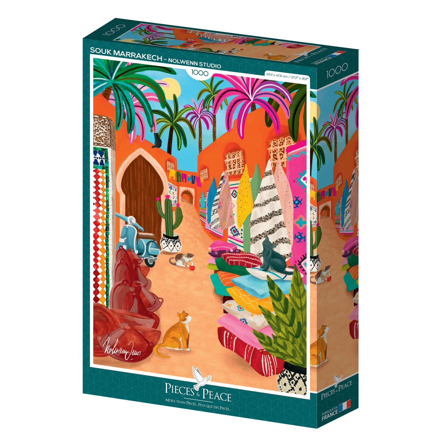 Puzzle du Souk de Marrakech au Maroc, illustration colorée 1000 pièces, fabriqué en France