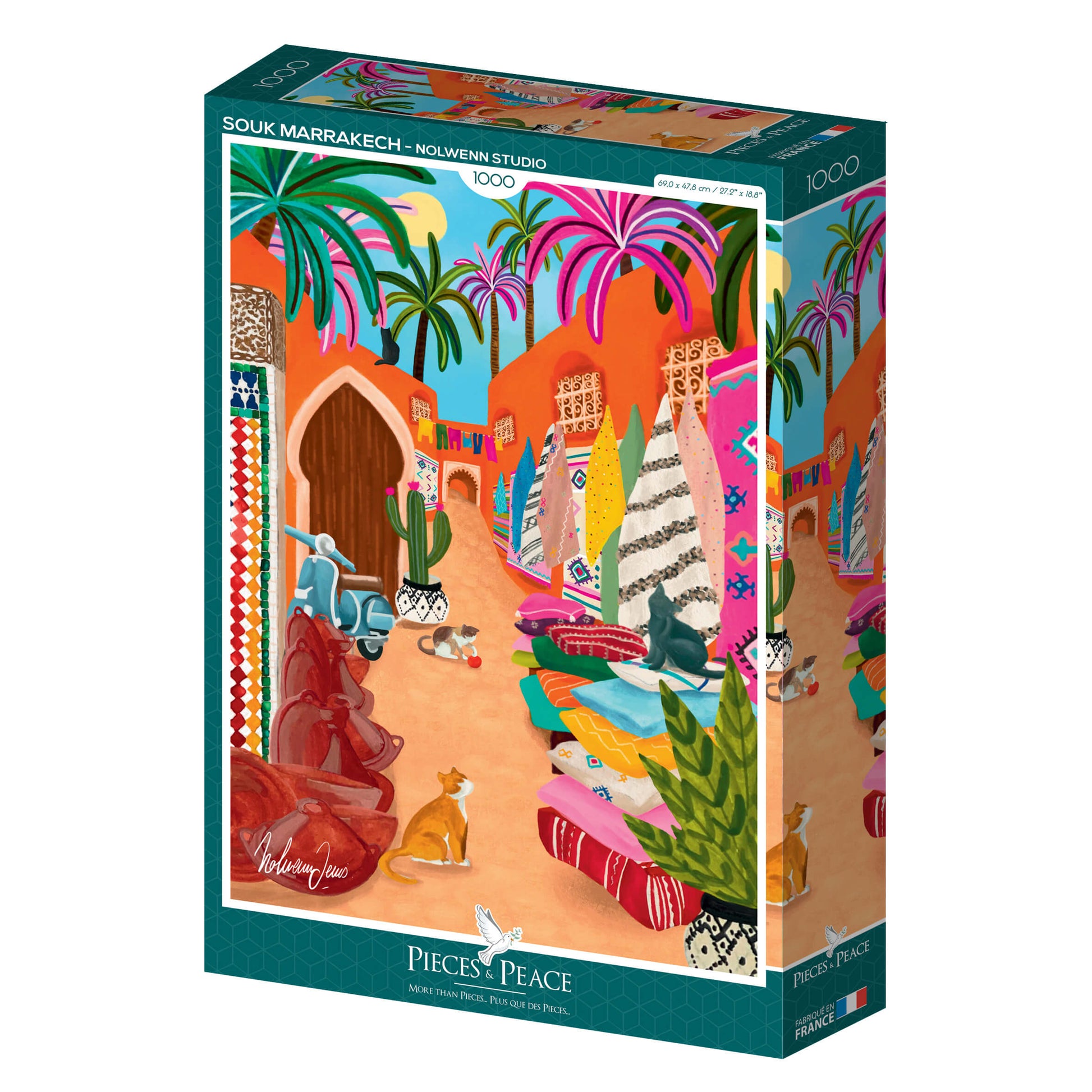 Puzzle du Souk de Marrakech au Maroc, illustration colorée 1000 pièces, fabriqué en France