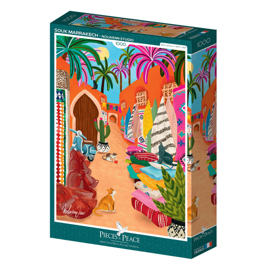 Puzzle du Souk de Marrakech au Maroc, illustration colorée 1000 pièces, fabriqué en France