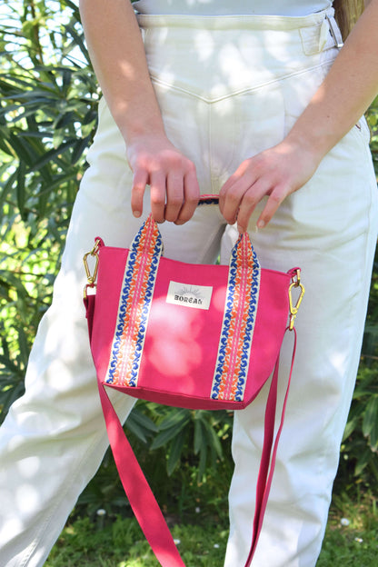 Sac à bandoulière pratique et léger, en matières naturelles, fabrication française et responsable, imprimé rose fuchsia et coloré, Boréal