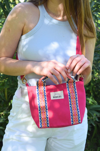 Sac à bandoulière pratique et léger, en matières naturelles, fabrication française et responsable, imprimé rose fuchsia et coloré, Boréal