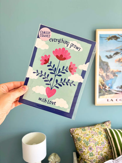 Affiche murale colorée avec des fleurs, des nuages et un message positif.